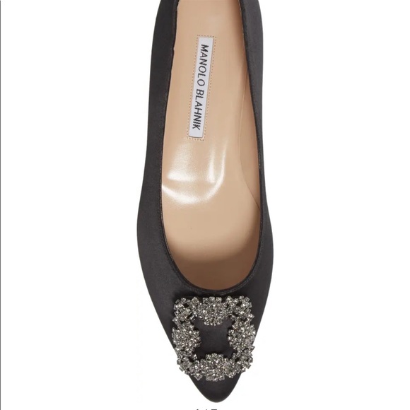 Manolo Blahnik Hangisi Satin Flats Black Sz: 36.5 Jeweled Pointy Toe Flat - Picture 7 of 11